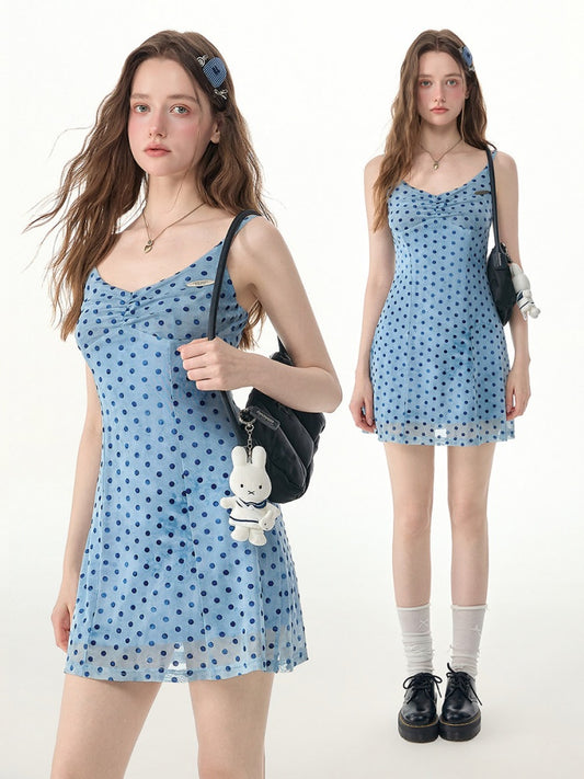 Ice Blue Polka Dot Waist-Cinching Slimming Camisole Dress【s0000017575】