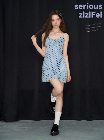 Ice Blue Polka Dot Waist-Cinching Slimming Camisole Dress【s0000017575】
