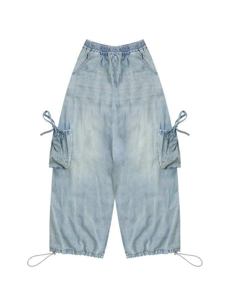 Vintage Wide-Leg Bow Pockets High-Waisted Slimming Denim Pants【s0000017576】