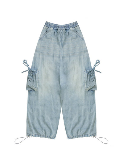 Vintage Wide-Leg Bow Pockets High-Waisted Slimming Denim Pants【s0000017576】