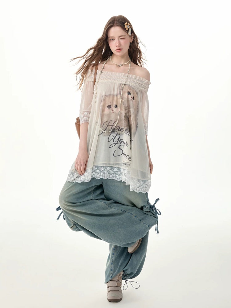 Vintage Wide-Leg Bow Pockets High-Waisted Slimming Denim Pants【s0000017576】