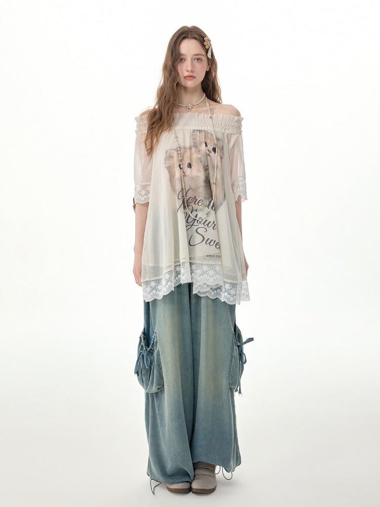 Vintage Wide-Leg Bow Pockets High-Waisted Slimming Denim Pants【s0000017576】