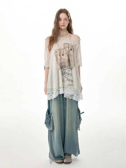 Vintage Wide-Leg Bow Pockets High-Waisted Slimming Denim Pants【s0000017576】