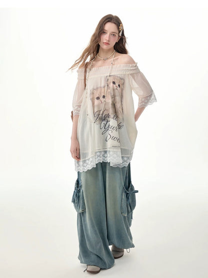 Vintage Wide-Leg Bow Pockets High-Waisted Slimming Denim Pants【s0000017576】