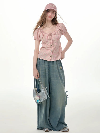 Vintage Wide-Leg Bow Pockets High-Waisted Slimming Denim Pants【s0000017576】