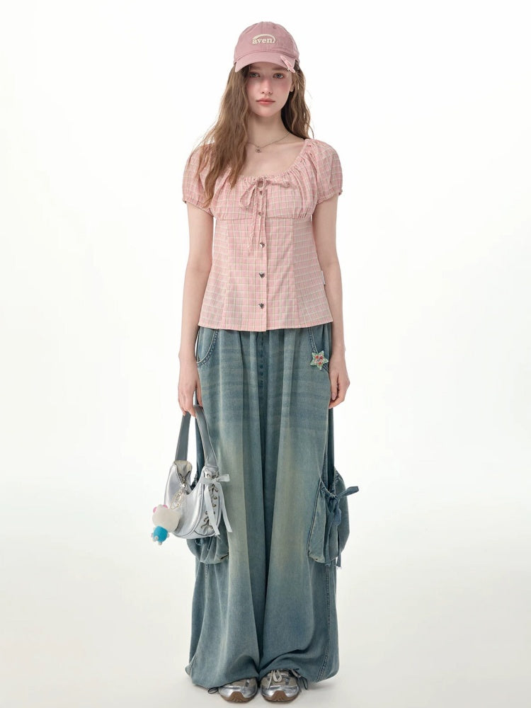Vintage Wide-Leg Bow Pockets High-Waisted Slimming Denim Pants【s0000017576】