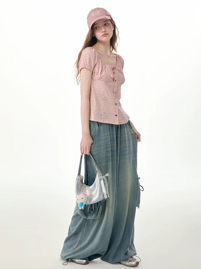 Vintage Wide-Leg Bow Pockets High-Waisted Slimming Denim Pants【s0000017576】