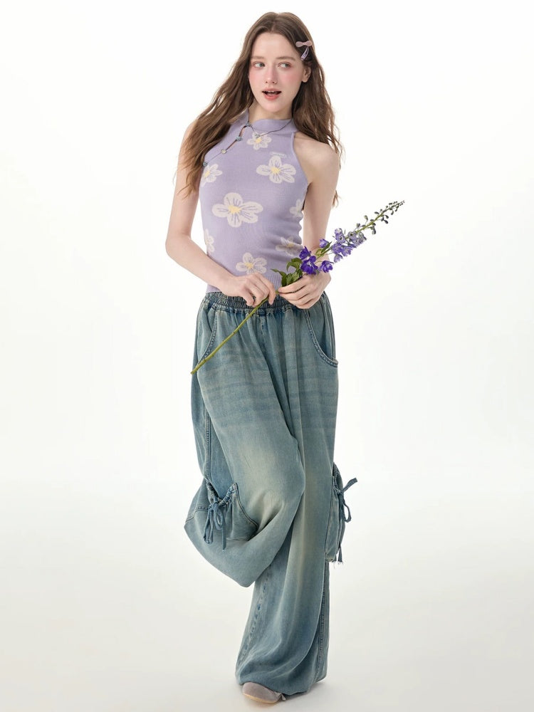 Vintage Wide-Leg Bow Pockets High-Waisted Slimming Denim Pants【s0000017576】