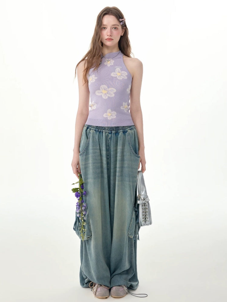 Vintage Wide-Leg Bow Pockets High-Waisted Slimming Denim Pants【s0000017576】
