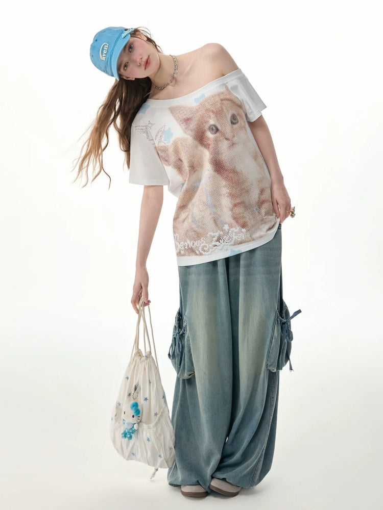 Vintage Wide-Leg Bow Pockets High-Waisted Slimming Denim Pants【s0000017576】
