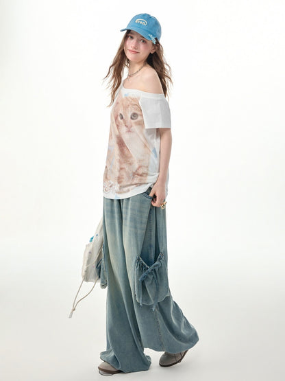 Vintage Wide-Leg Bow Pockets High-Waisted Slimming Denim Pants【s0000017576】