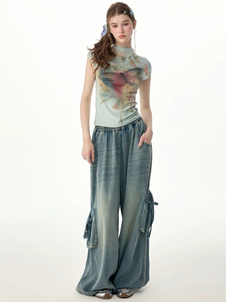 Vintage Wide-Leg Bow Pockets High-Waisted Slimming Denim Pants【s0000017576】