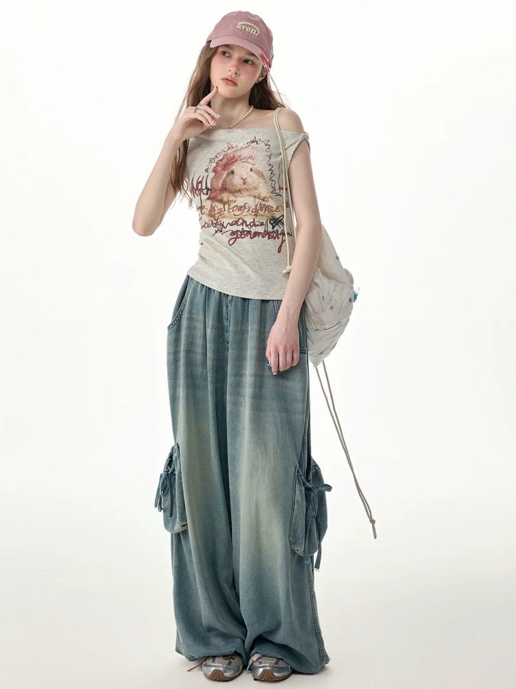 Vintage Wide-Leg Bow Pockets High-Waisted Slimming Denim Pants【s0000017576】