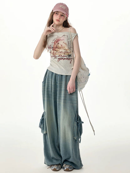 Vintage Wide-Leg Bow Pockets High-Waisted Slimming Denim Pants【s0000017576】
