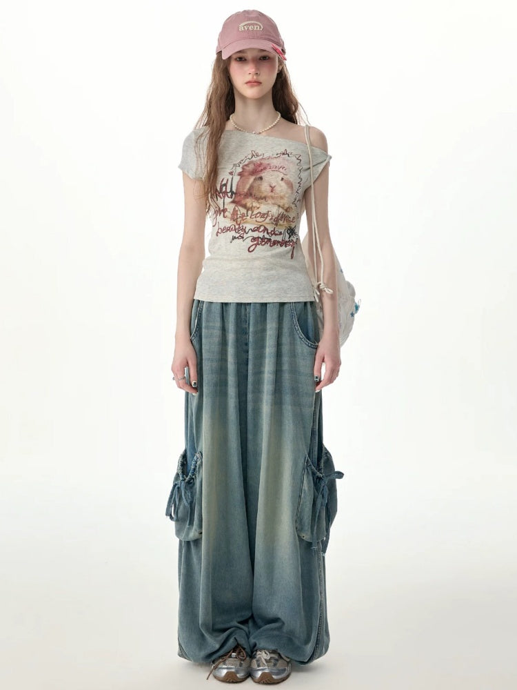 Vintage Wide-Leg Bow Pockets High-Waisted Slimming Denim Pants【s0000017576】