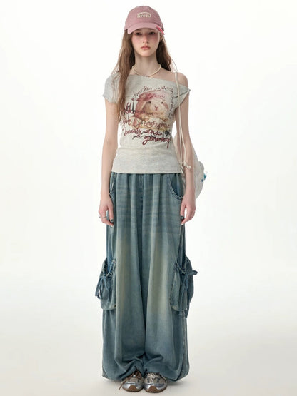 Vintage Wide-Leg Bow Pockets High-Waisted Slimming Denim Pants【s0000017576】