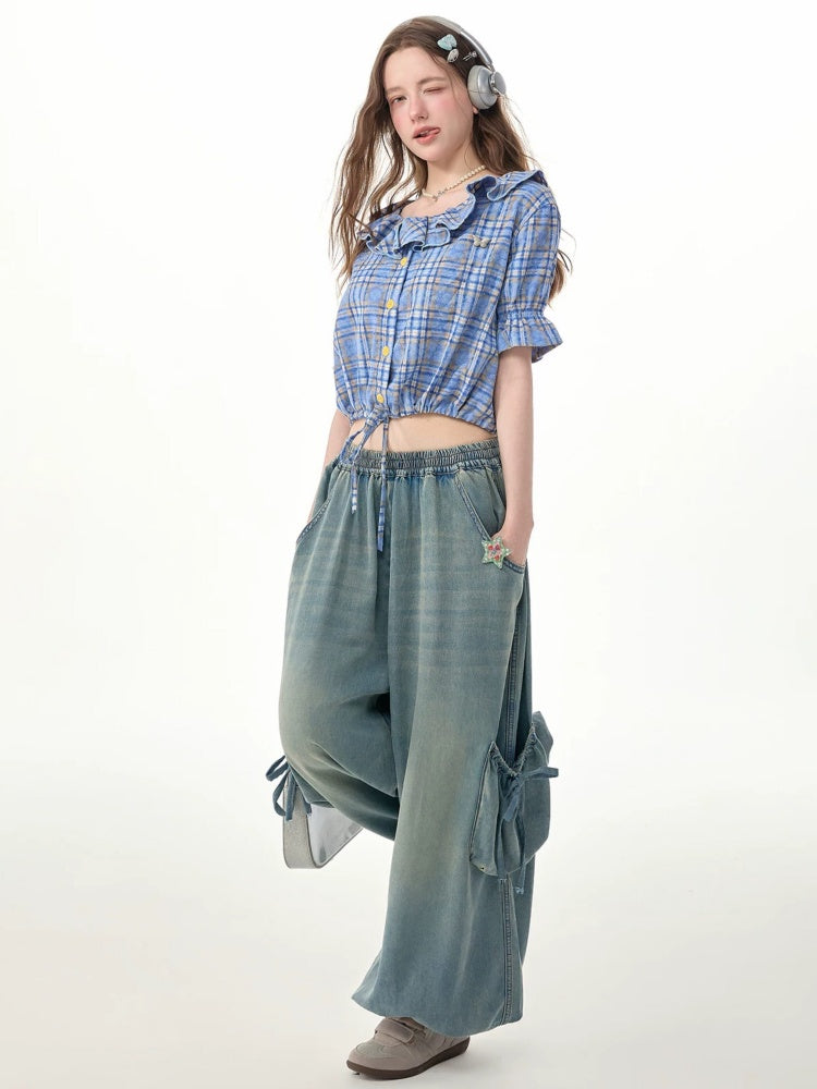 Vintage Wide-Leg Bow Pockets High-Waisted Slimming Denim Pants【s0000017576】