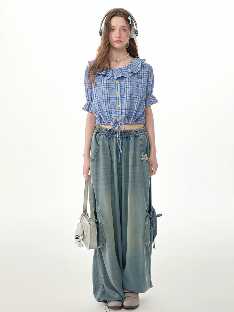 Vintage Wide-Leg Bow Pockets High-Waisted Slimming Denim Pants【s0000017576】
