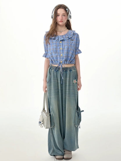 Vintage Wide-Leg Bow Pockets High-Waisted Slimming Denim Pants【s0000017576】