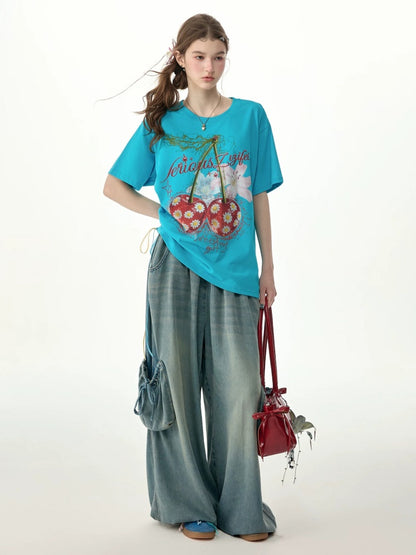 Vintage Wide-Leg Bow Pockets High-Waisted Slimming Denim Pants【s0000017576】