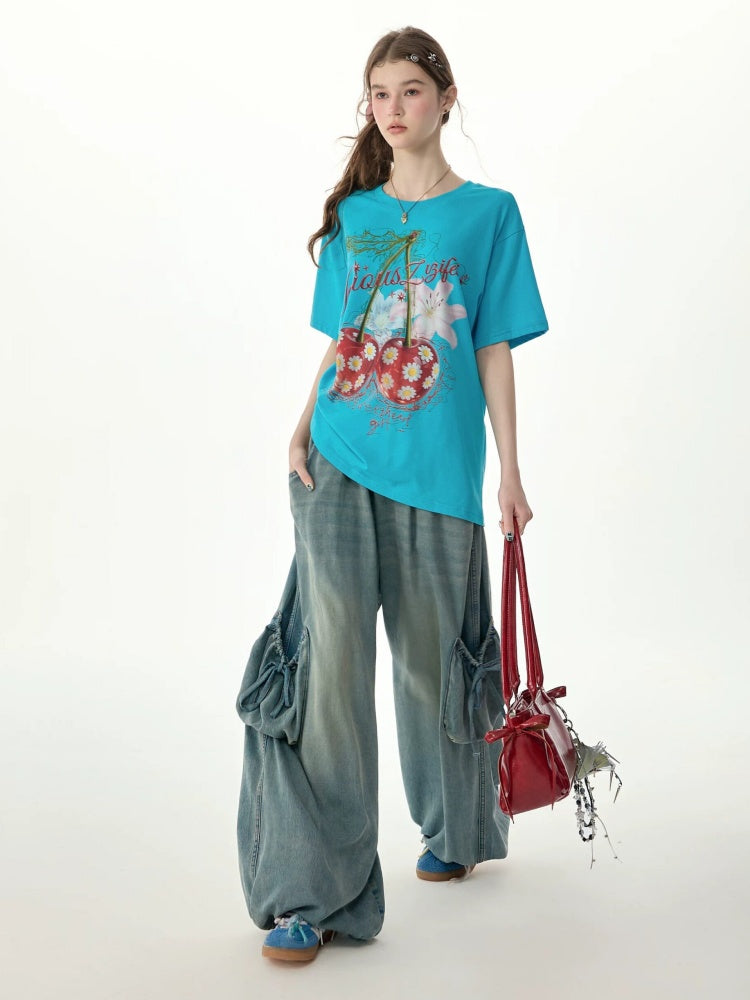 Vintage Wide-Leg Bow Pockets High-Waisted Slimming Denim Pants【s0000017576】