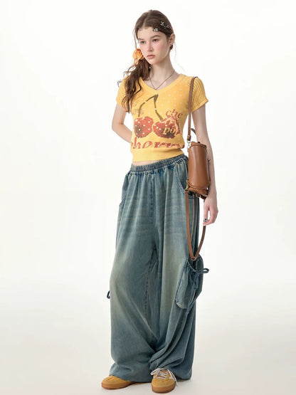 Vintage Wide-Leg Bow Pockets High-Waisted Slimming Denim Pants【s0000017576】