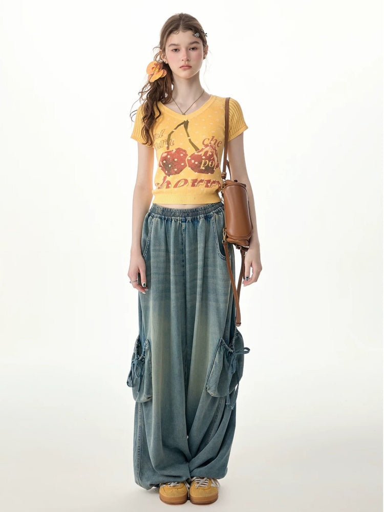 Vintage Wide-Leg Bow Pockets High-Waisted Slimming Denim Pants【s0000017576】