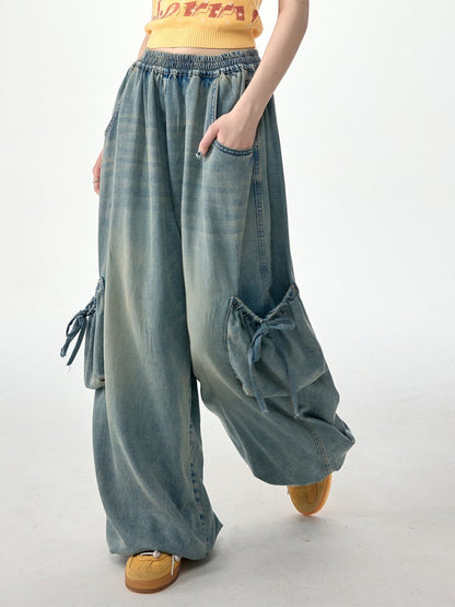 Vintage Wide-Leg Bow Pockets High-Waisted Slimming Denim Pants【s0000017576】