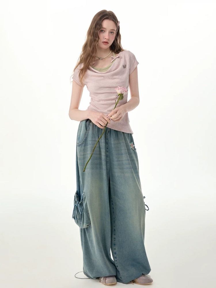 Vintage Wide-Leg Bow Pockets High-Waisted Slimming Denim Pants【s0000017576】