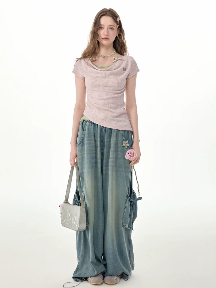 Vintage Wide-Leg Bow Pockets High-Waisted Slimming Denim Pants【s0000017576】