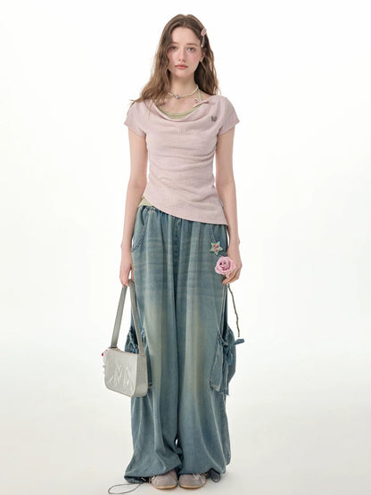 Vintage Wide-Leg Bow Pockets High-Waisted Slimming Denim Pants【s0000017576】
