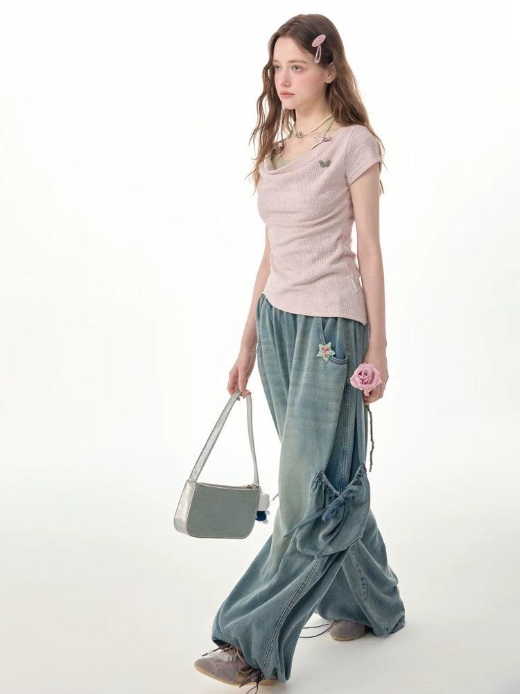 Vintage Wide-Leg Bow Pockets High-Waisted Slimming Denim Pants【s0000017576】