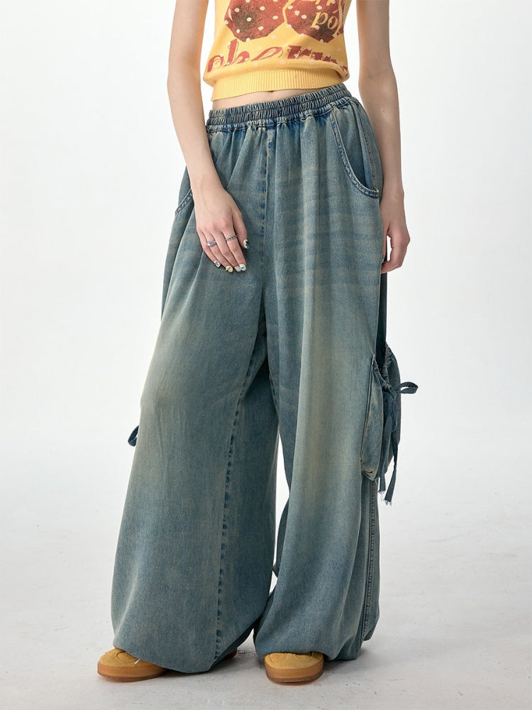 Vintage Wide-Leg Bow Pockets High-Waisted Slimming Denim Pants【s0000017576】