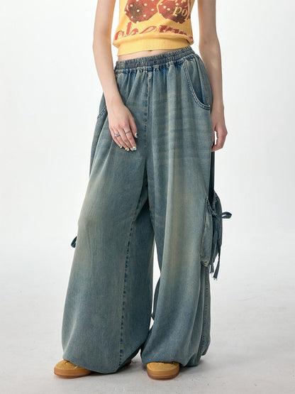 Vintage Wide-Leg Bow Pockets High-Waisted Slimming Denim Pants【s0000017576】