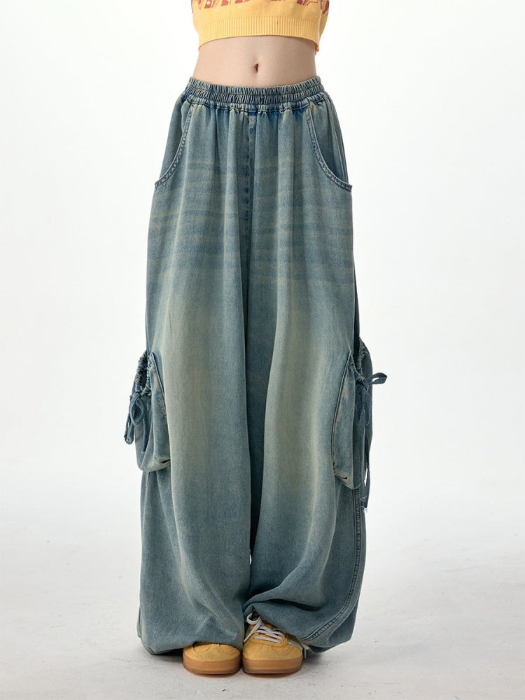 Vintage Wide-Leg Bow Pockets High-Waisted Slimming Denim Pants【s0000017576】