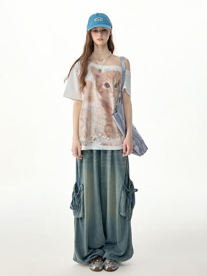 Vintage Wide-Leg Bow Pockets High-Waisted Slimming Denim Pants【s0000017576】