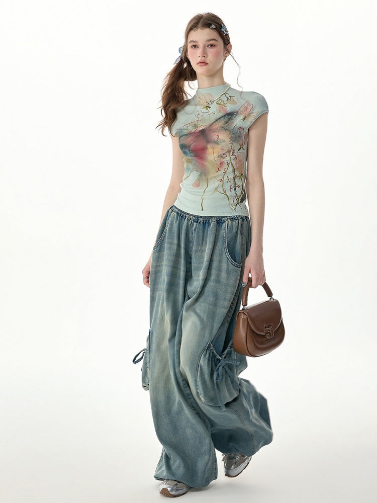 Vintage Wide-Leg Bow Pockets High-Waisted Slimming Denim Pants【s0000017576】