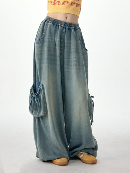 Vintage Wide-Leg Bow Pockets High-Waisted Slimming Denim Pants【s0000017576】
