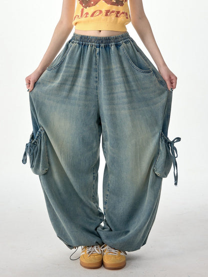 Vintage Wide-Leg Bow Pockets High-Waisted Slimming Denim Pants【s0000017576】