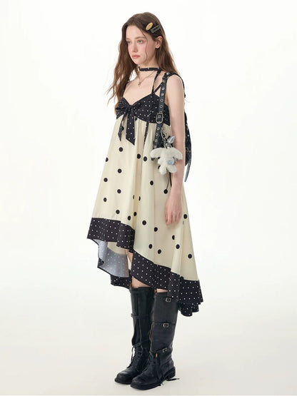 Black & White Polka Dot Bow Slip Dress【s0000017577】