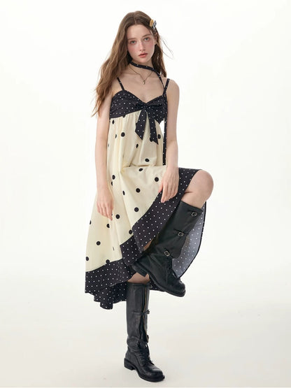 Black & White Polka Dot Bow Slip Dress【s0000017577】