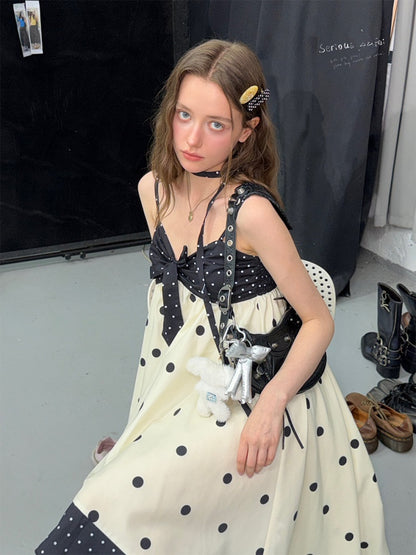 Black & White Polka Dot Bow Slip Dress【s0000017577】