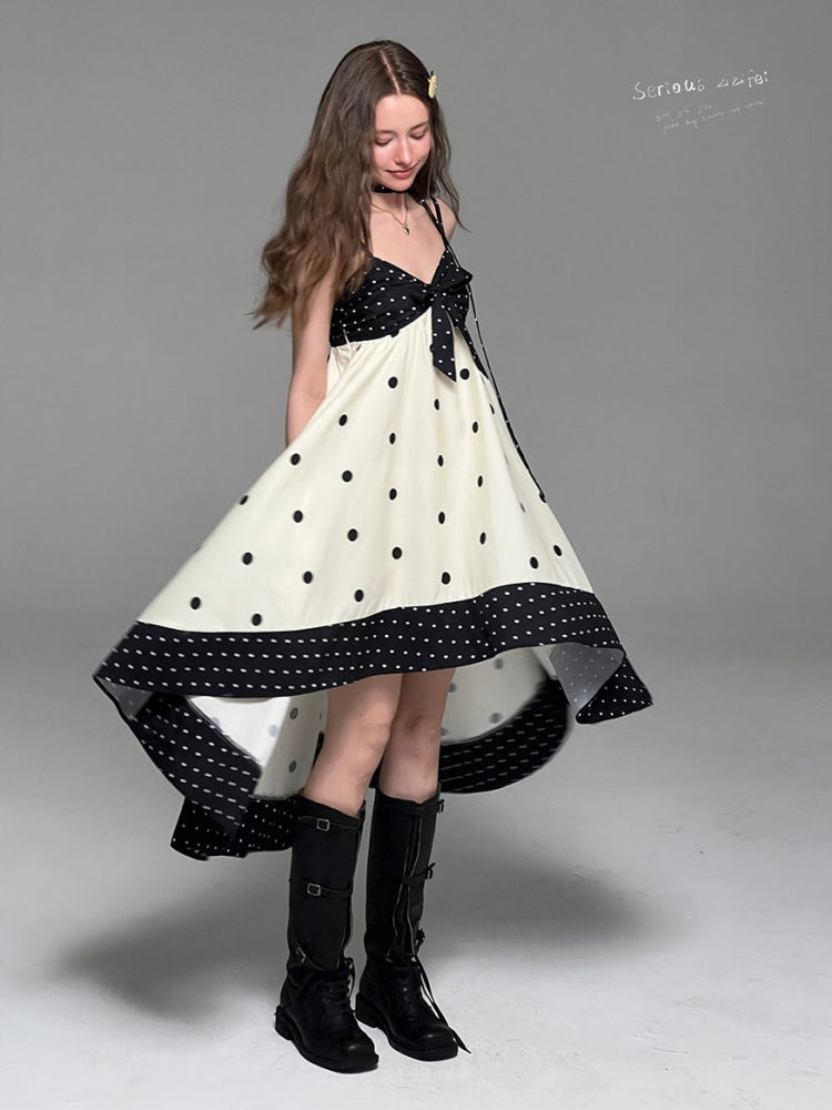 Black & White Polka Dot Bow Slip Dress【s0000017577】