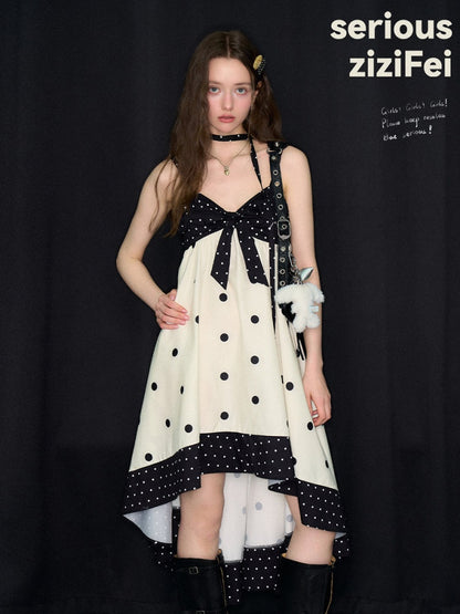 Black & White Polka Dot Bow Slip Dress【s0000017577】