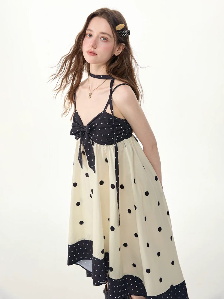 Black & White Polka Dot Bow Slip Dress【s0000017577】