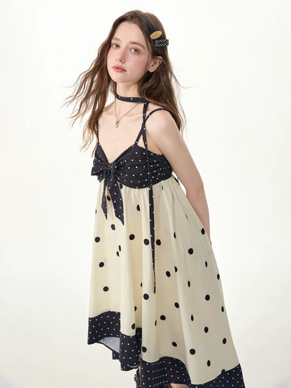Black & White Polka Dot Bow Slip Dress【s0000017577】