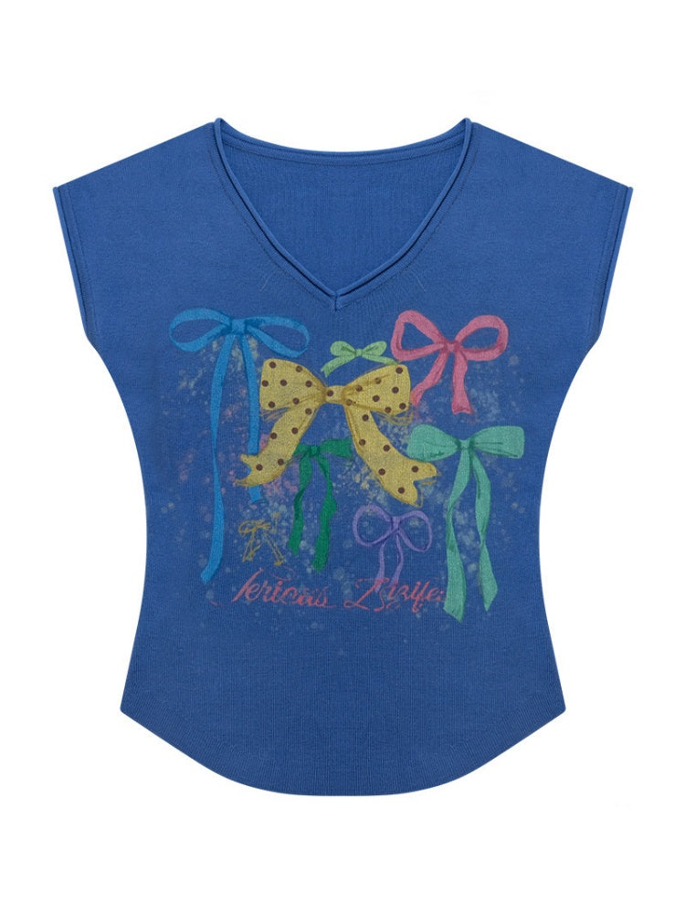 Bow Print Blue V-Neck Short-Sleeve T-Shirt【s0000017578】