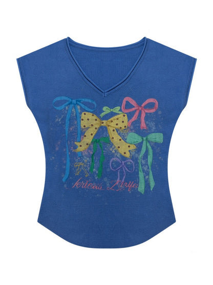 Bow Print Blue V-Neck Short-Sleeve T-Shirt【s0000017578】