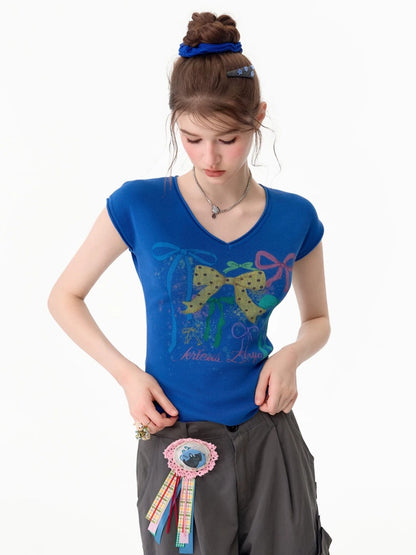 Bow Print Blue V-Neck Short-Sleeve T-Shirt【s0000017578】