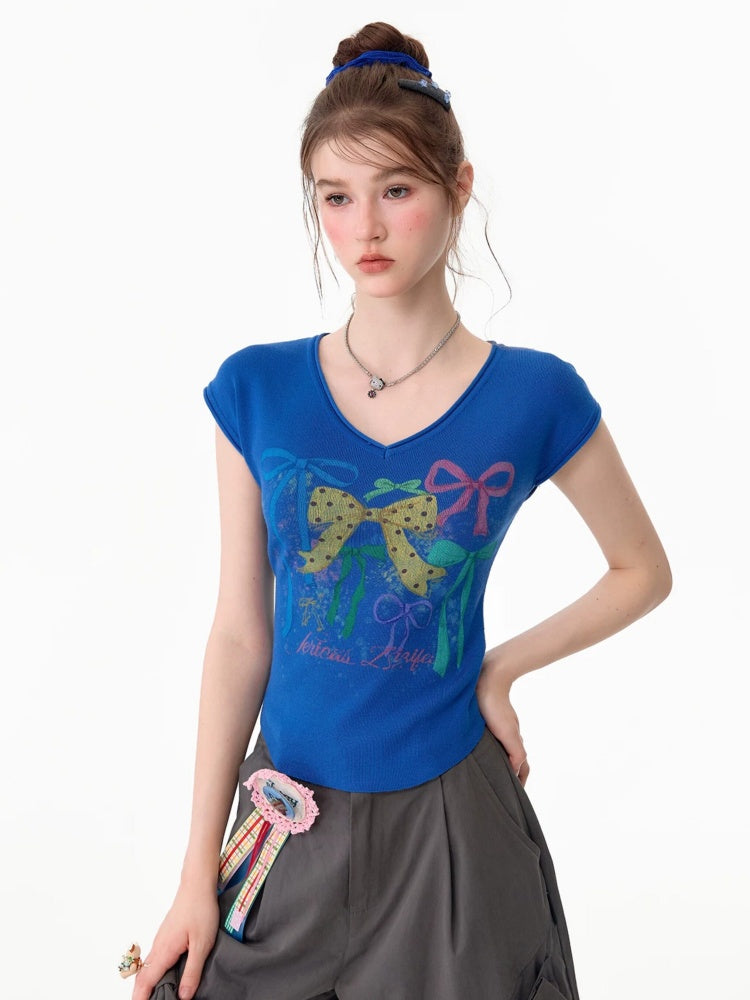 Bow Print Blue V-Neck Short-Sleeve T-Shirt【s0000017578】